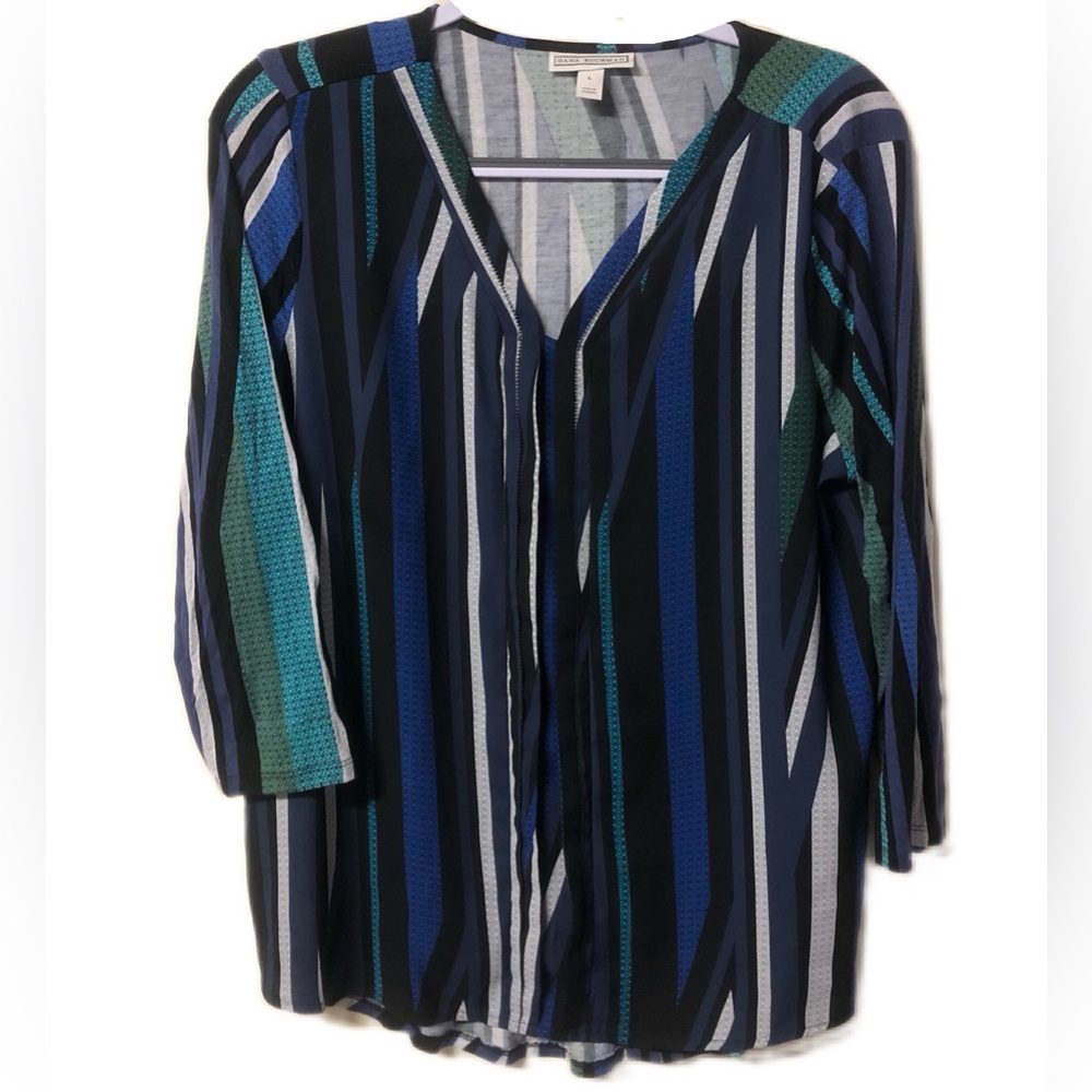 Dana Buchman Blouse Top Blue/Black Multicolor Striped V-Neck Size L 3/4  Sleeve